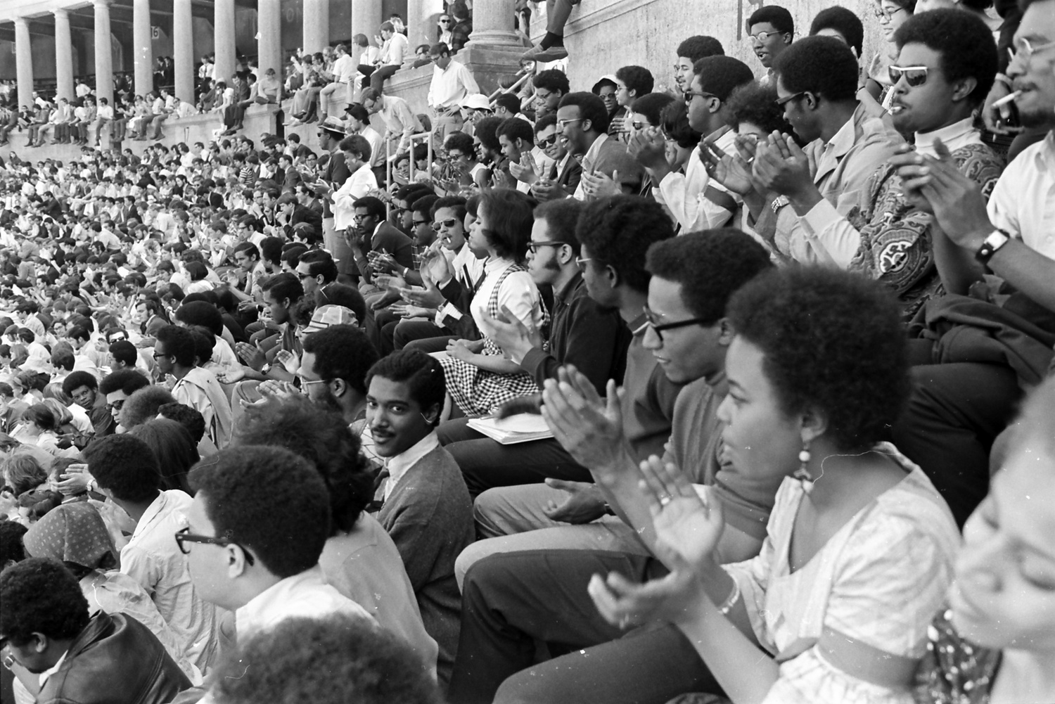 AFRO members gather at Harvard Stadium. On April 14, a crowd of 10,000 gathered at Harvard Stadium, and voted to extend the three-day student strike another three days.