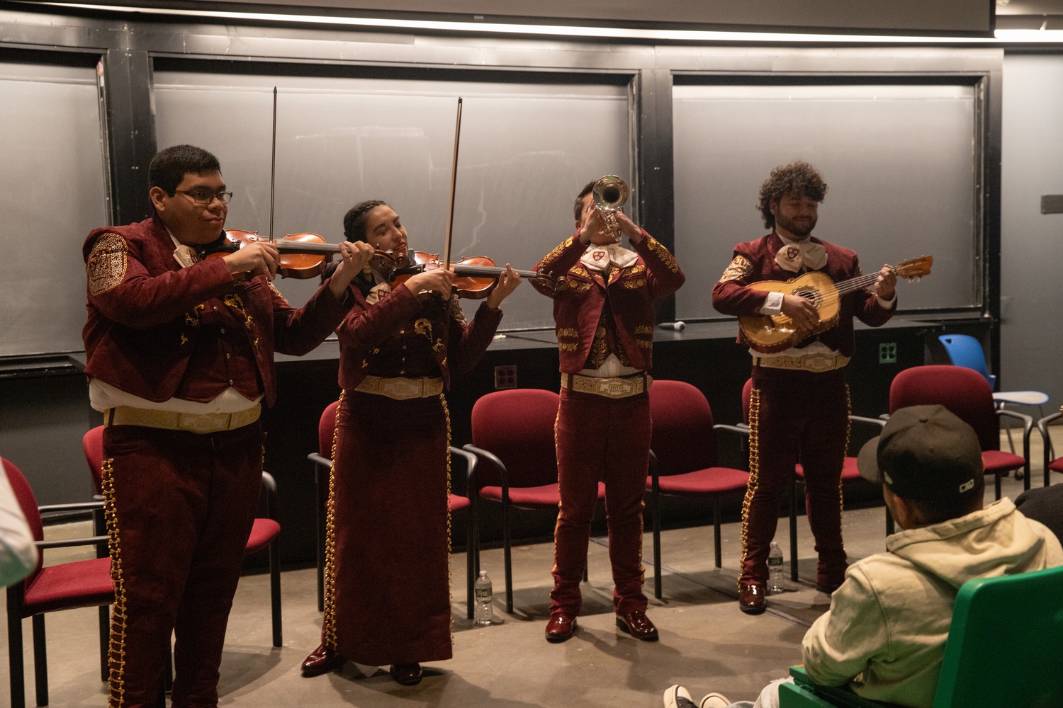 Harvard Mariachi Véritas performs for Grupo Frontera, a Mexican band from the Rio Grande Valley in Texas that came to campus during Hispanic Heritage Month.