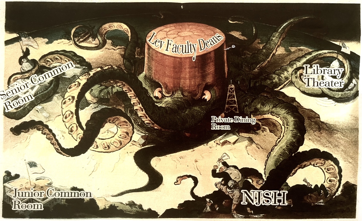 In Spring 2019, students circulated a political cartoon that depicted the former Leverett faculty deans as the Standard Oil octopus due to unpopular changes they made around the house.