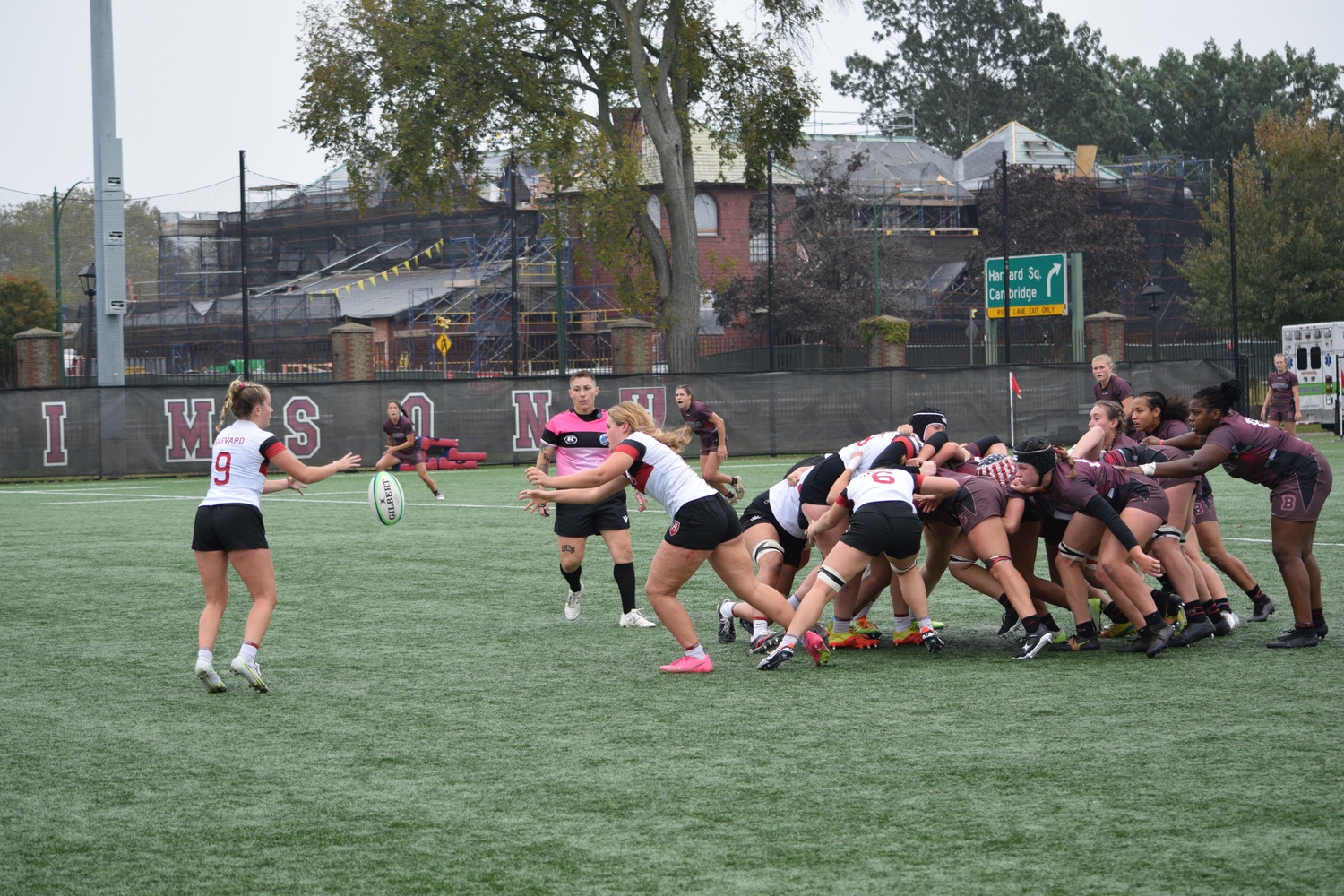 Harvard women's rugby emerges from a scrum with the ball at home against Brown on September 30.