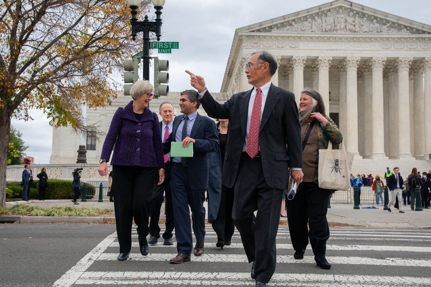 From left, former Harvard President Drew G. Faust, Dean of Admissions and Financial Aid William R. Fitzsimmons '67, Dean of the College Rakesh Khurana, and former Harvard Corporation Senior Fellow William F. Lee ’72 exit the Supreme Court on Monday.
