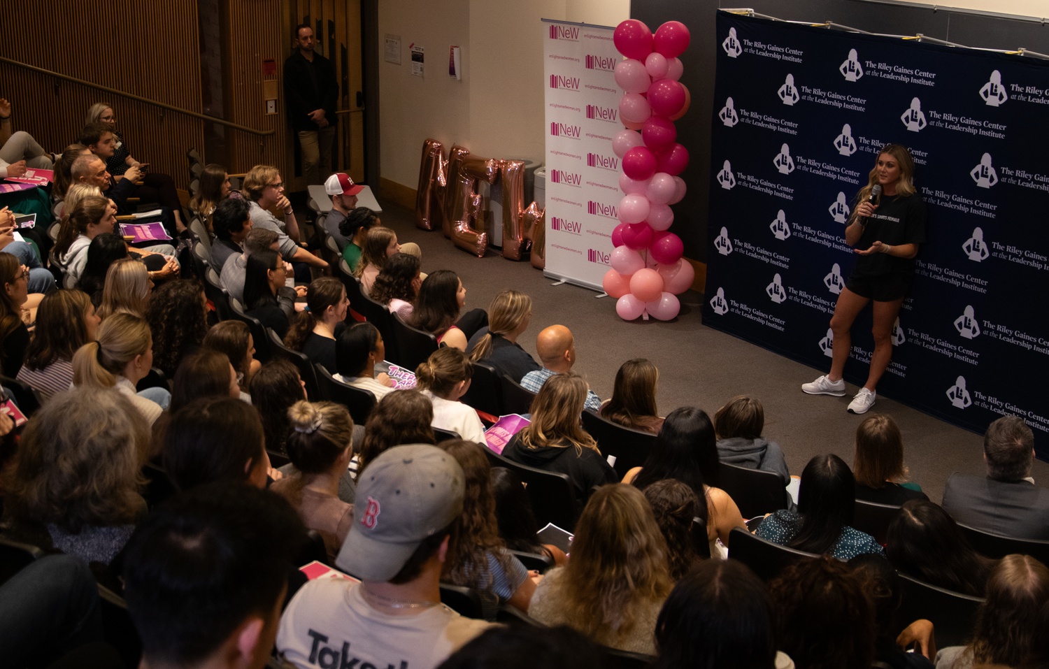 Riley Gaines, who has advocated against the participation of transgender women in women's sports, spoke at an event in Boylston Hall.
