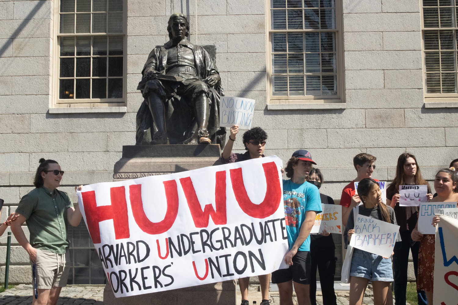 Undergraduate workers rallied for a union in Harvard Yard in April after the University denied the group's rally for voluntary recognition.
