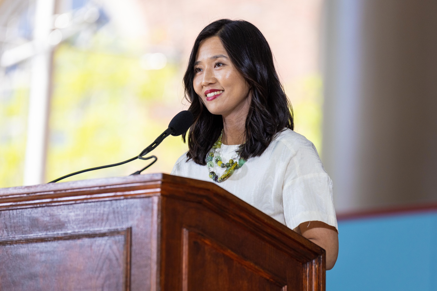 Boston Mayor Michelle Wu '07, pictured here at the Harvard College Class Day event in 2022, was the keynote speaker at the Harvard Asian American Alumni Alliance summit over the weekend.