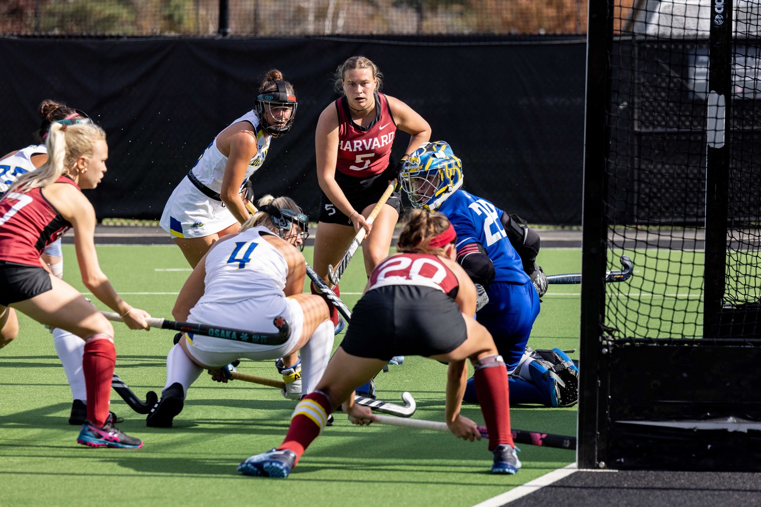 The Harvard offense swarms the net at home against Delaware on October 16, 2022.